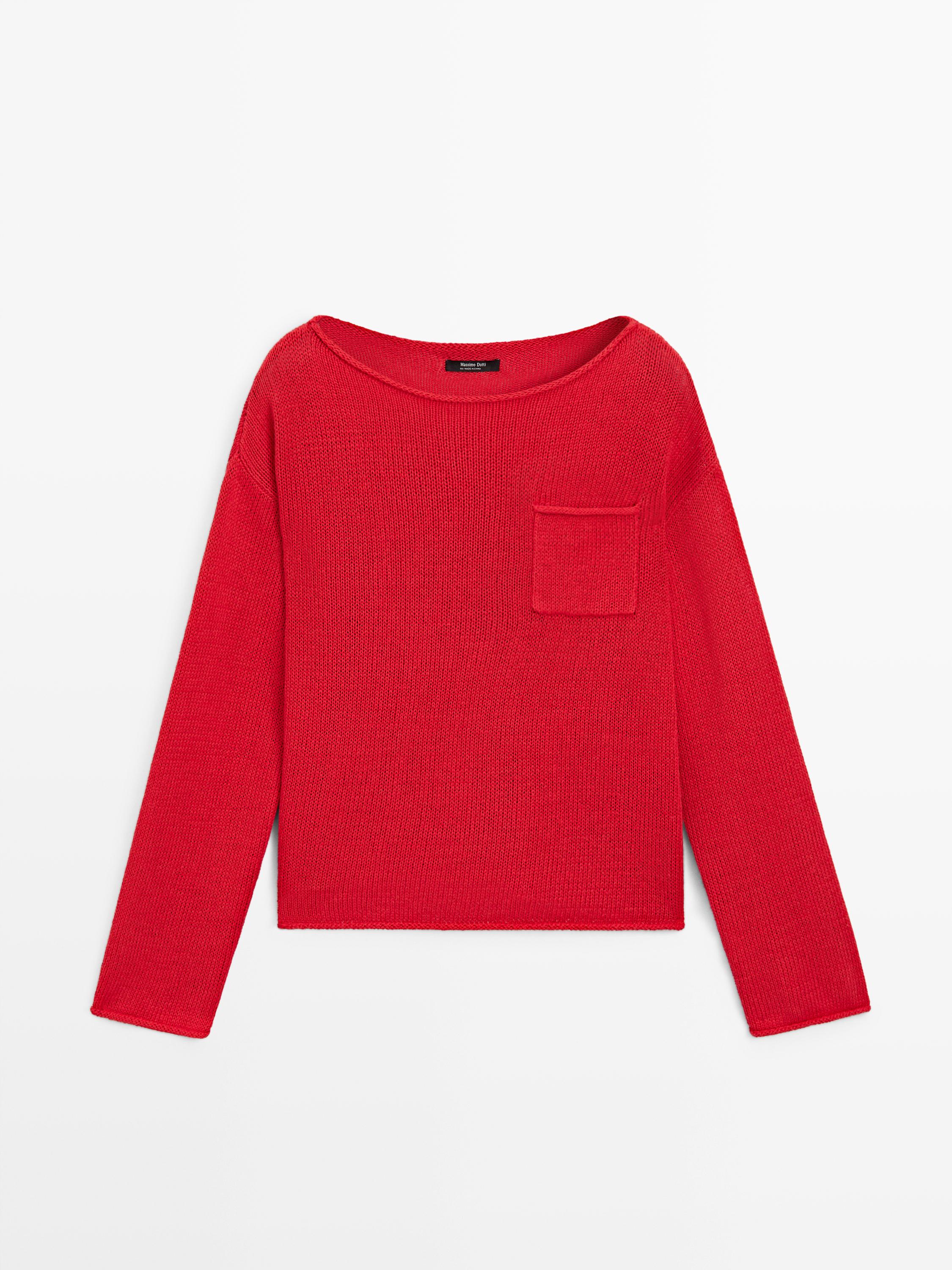 Cotton and linen knit sweater with pocket detail
